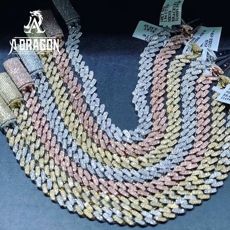 Mens Customized Hip Hop Jewelry Cuban Link Chain with RhodiumPlated Moissanite Diamonds Passes Diamond Tester