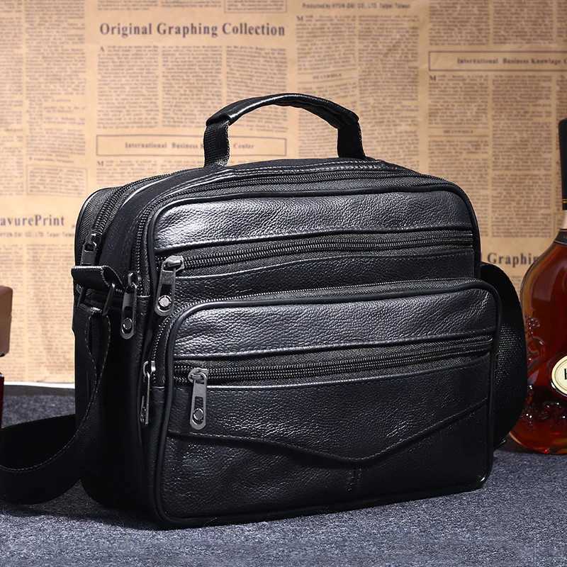 Men Genuine Leather Shoder Bag M Cowhide Leather Handbags Mens Large Zipper Messenger Bag Travel Tablet Bag Tote Y251011