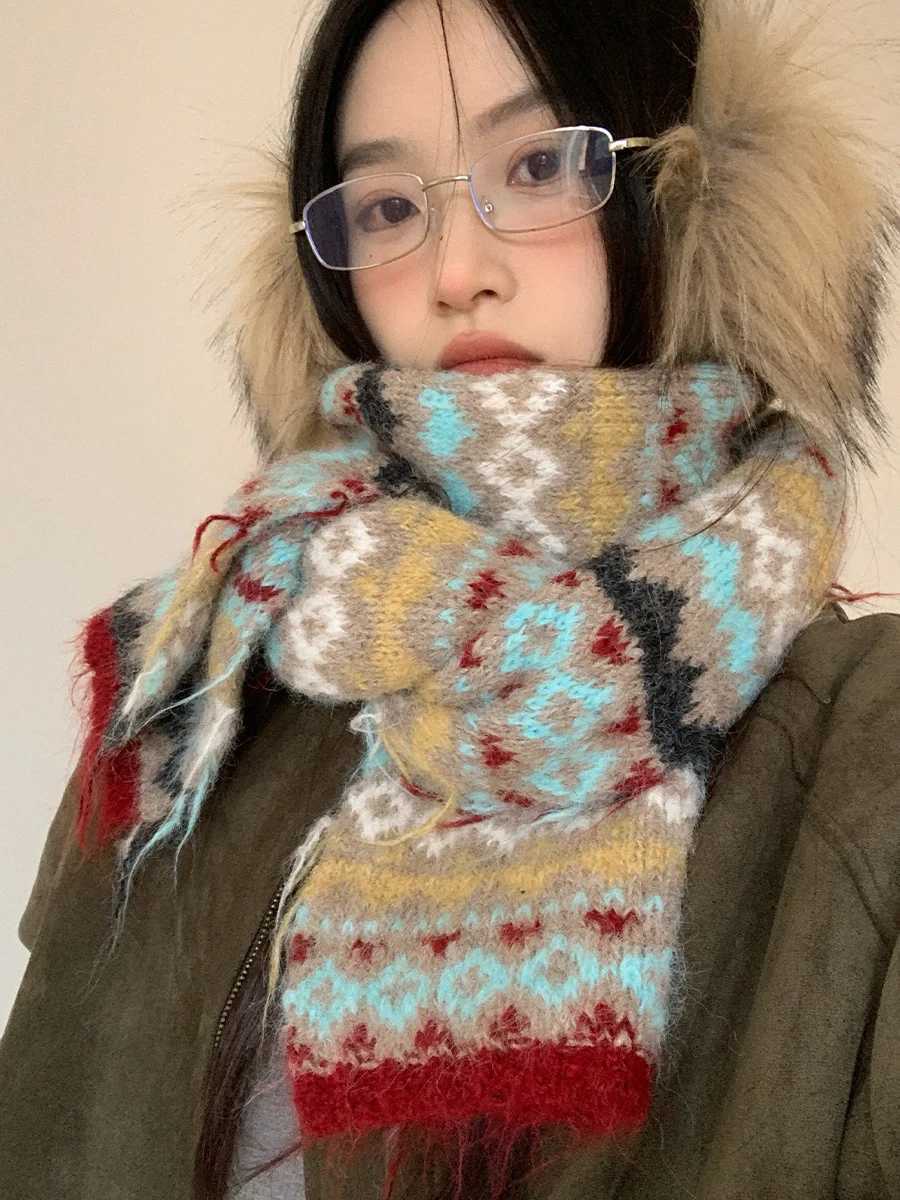 Retro Fair Lsle Knit Wool Scarf For Women 2025 New Warm Neck Warmer Autumn Winter Striped Colorblocked NeckW251030