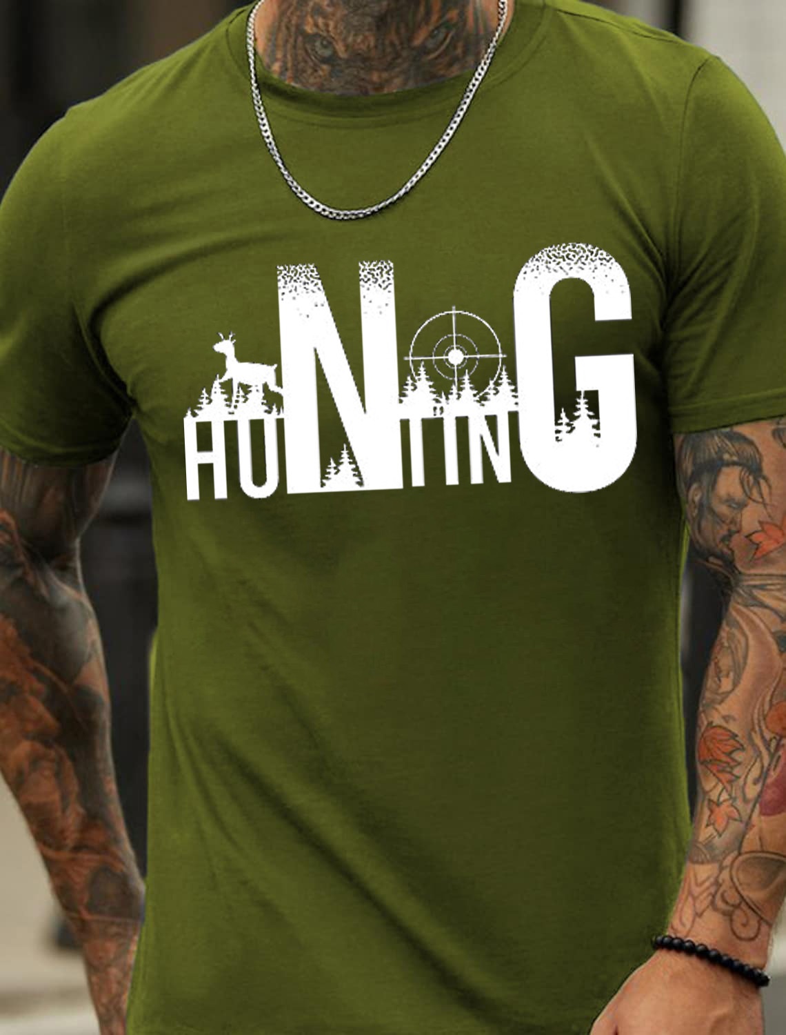 Europe & America Oversized Forest Hunting HUNTING Letter Print Men's Cotton Summer T-Shirt - TT7081