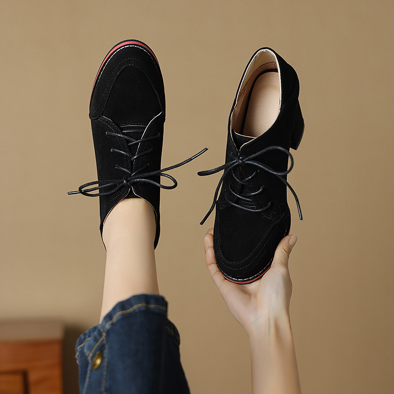 2025 Spring and autumn lace-up round toe thick heel deep mouth shoes versatile and comfortable plus-size women's shoes with heightened super high