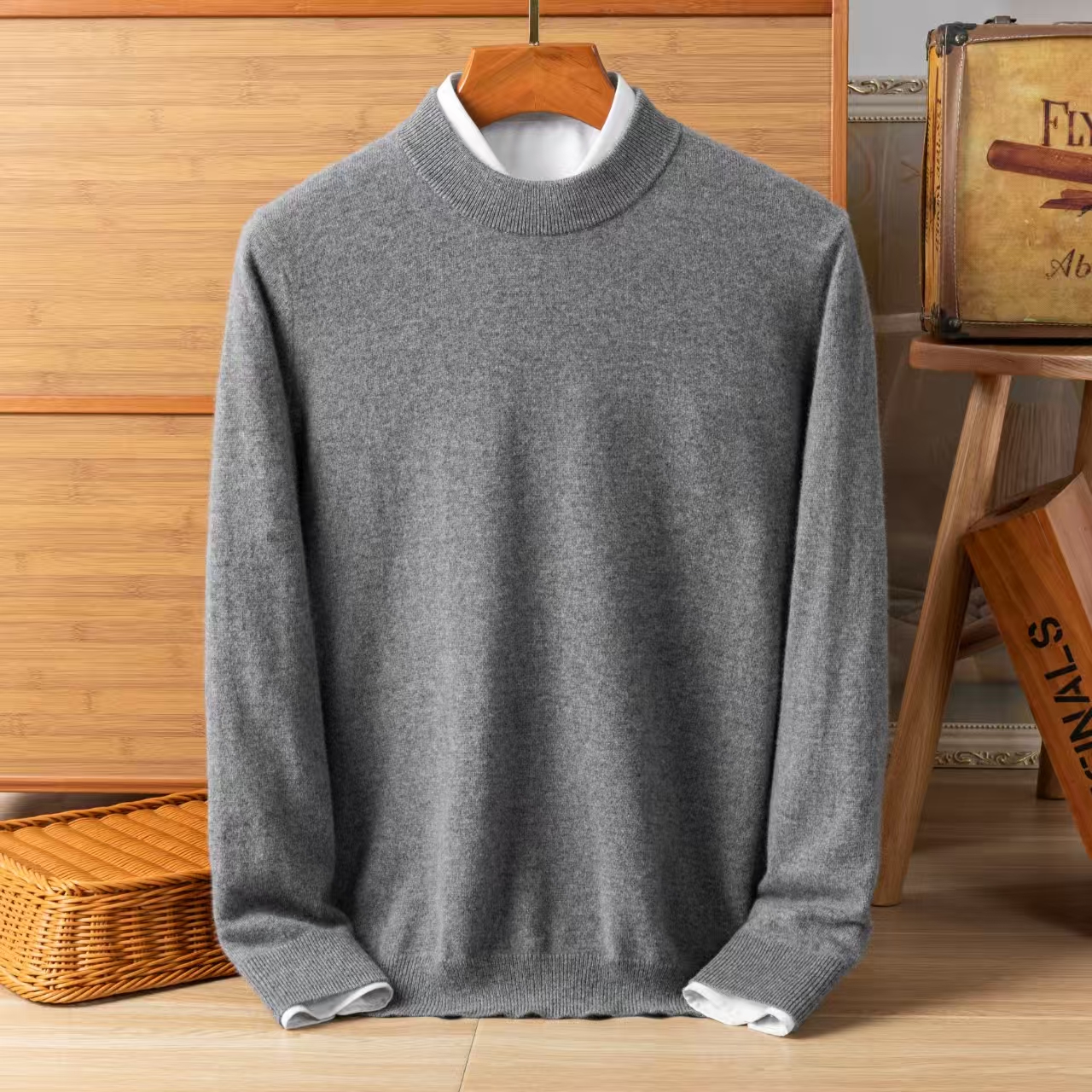 100% pure cashmere sweater men's thick warm round neck sweater solid color long sleeved knitted sweater