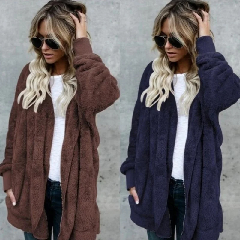 Women Autumn Winter Doublefaced Fur Fleece Faux Medium Style Hooded Warm Thick Coat Casual Solid Longsleeved Overcoat 251028
