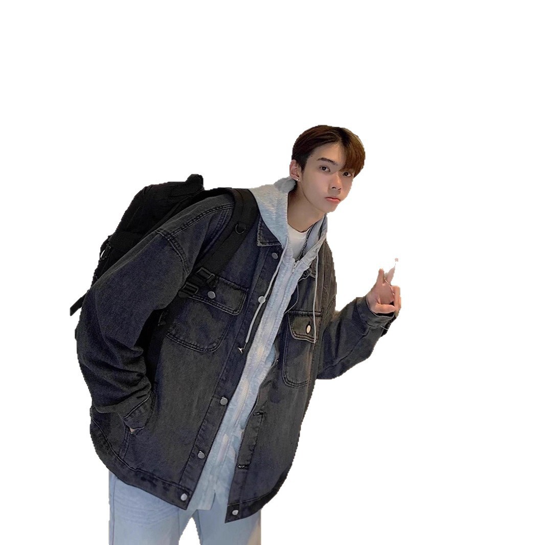 Stylish Designer Coat Denim Jacket For Men Spring And Autumn Trendy Brand Ins Style Hooded Loose Fit Versatile Coat Trendy Korean Version Fake Two-pie