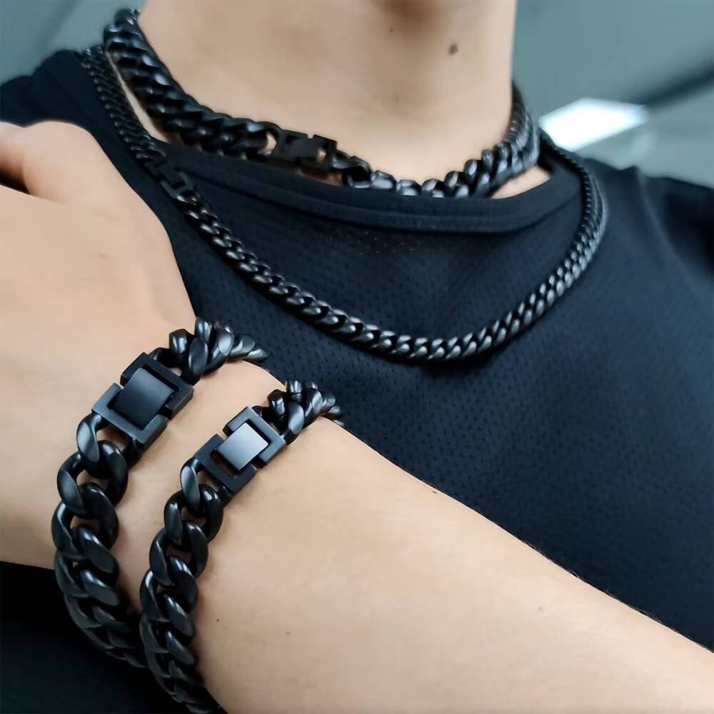 NUOYA Hip Hop Jewelry 81214MM Men Hip Hop Miami Matt Black Cuban Link Chain Stainless Steel Black Chain Necklace for Men Women Designer's style