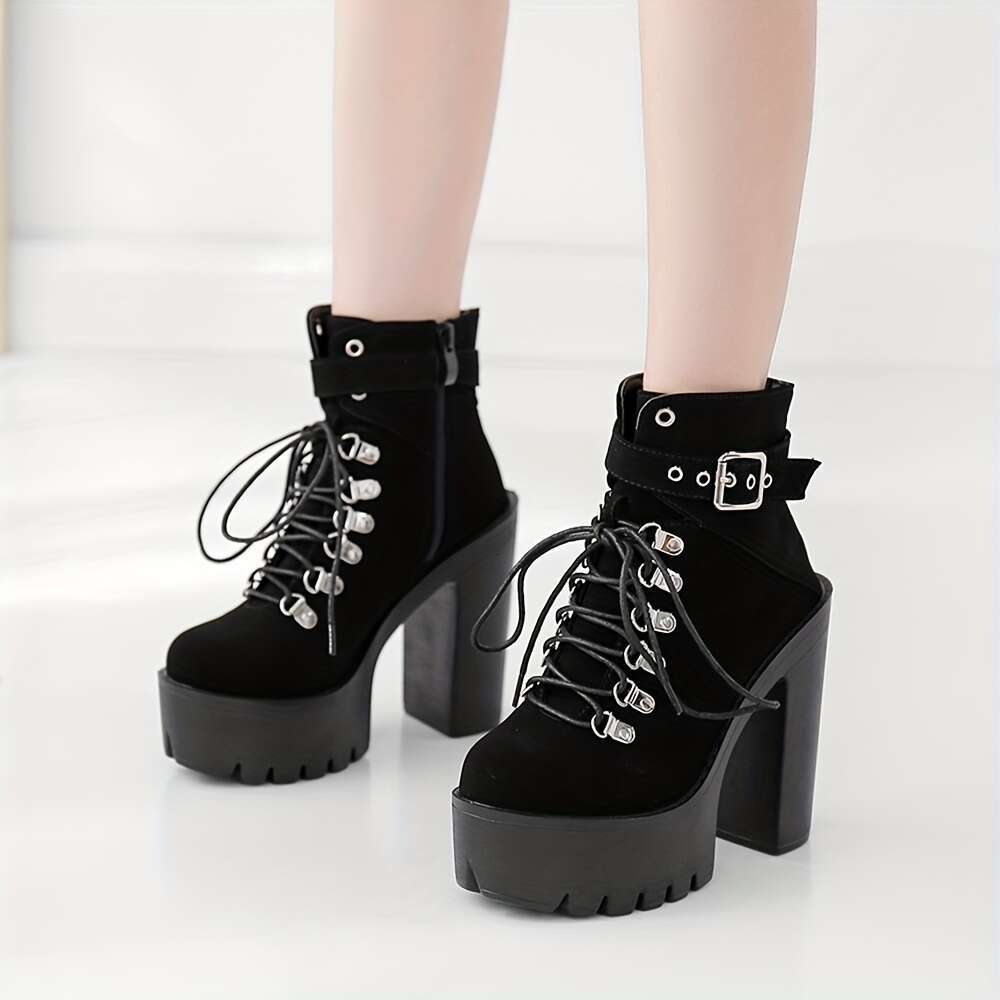Women's Platform Block High Heels Boots, Black Round Toe Lace Up Ankle Buckle Strap Pumps, Fashion Party Motorcycle Short Boots