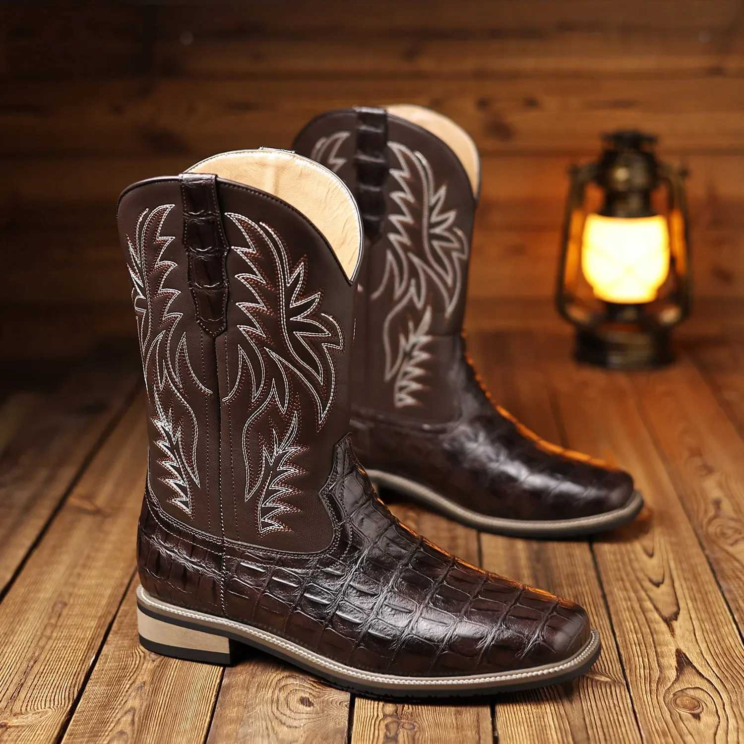 Mens Boots Cowboy Boots Imitation Crocodile Pattern High Tube Embroidered Retro Wide Head Western Cowboy Boots Mens Shoes Z251029