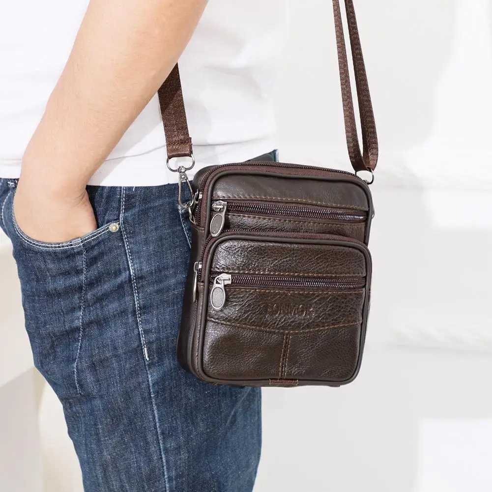 Solid Color Genuine Leather Shoder Waist Bags Men Fanny Belt Packs Phe Pouch Casual Crossbody Bags Y251011