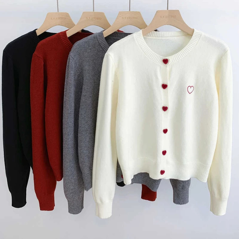 Korean Casual Solid Tops Women ONeck Single Breasted Heart Button Sweater Bow Embroidery Knitted Cardigan Woman Clothes 45 251028