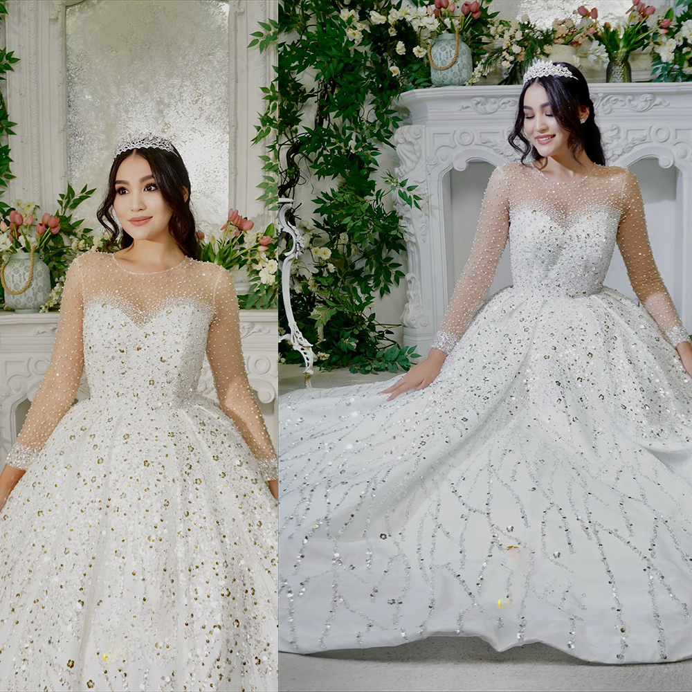Sparkly A Line Women Wedding Dress Jewel Neck Long Sleeves Bridal Gowns Sequins Sweep Train Dress Custom Made vestidos de novia