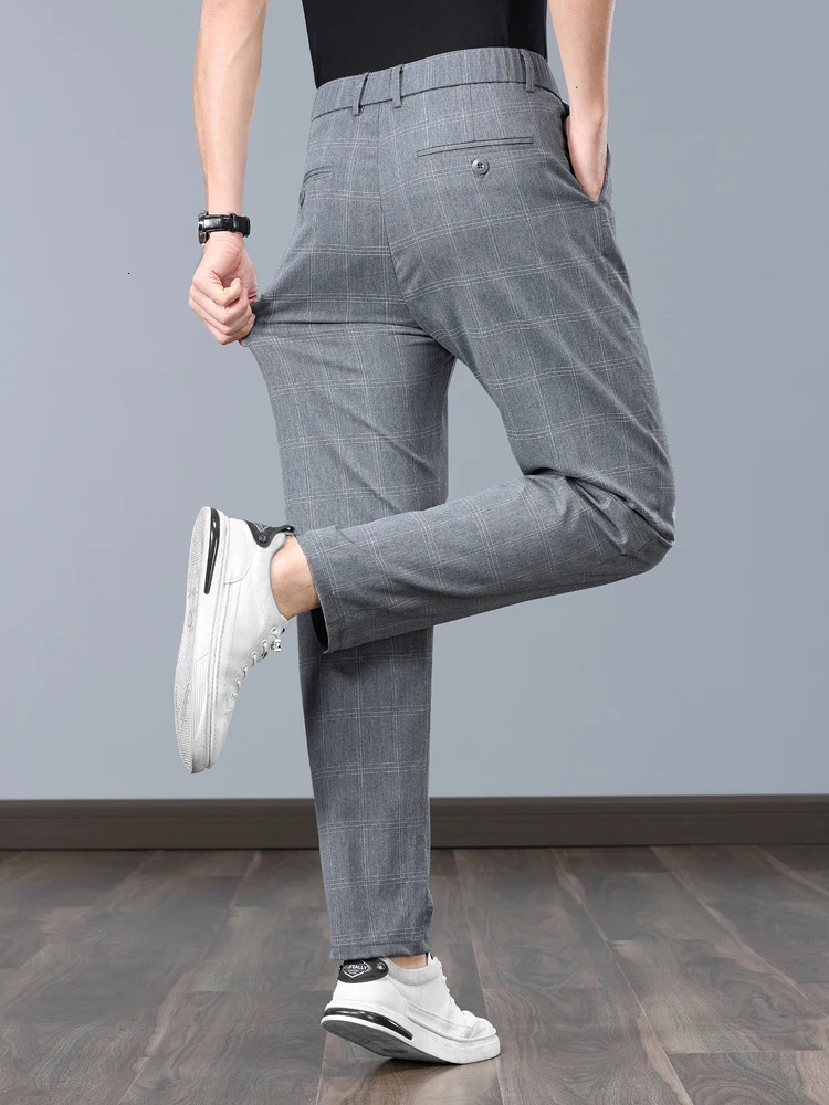 Summer Thin Plaid Formal Stretch Pants Men Slim Business Grey Black Casual Pant Fashion Male Clothing England Trousers 251028