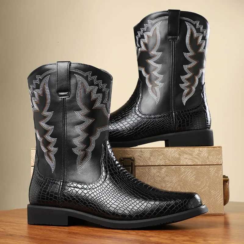 Mens Western Cowboy Boots British Style Leather Boots Retro Handmade Embroidery High Top Boots Middle Tube Men Motorcycle Botas Z251029
