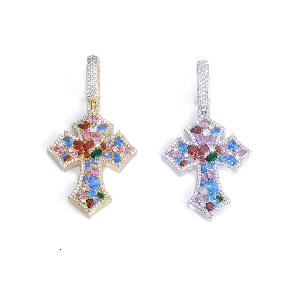 NUOYA New Arrival Multi Color moissanite Rhombic Cross Pendant Silver Iced Out Irregular Diamond Cross Charm Pendant Necklace Gift Designer's sty
