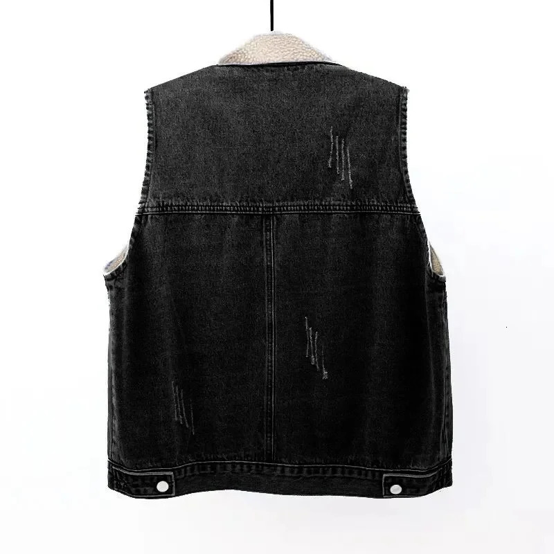 Autumn Lamb Wool Liner Plush Thick Cowboy Vest Winter Plus Velvet Warm Women Denim Waistcoat Female Gilet Sleeveless Jacket 251027