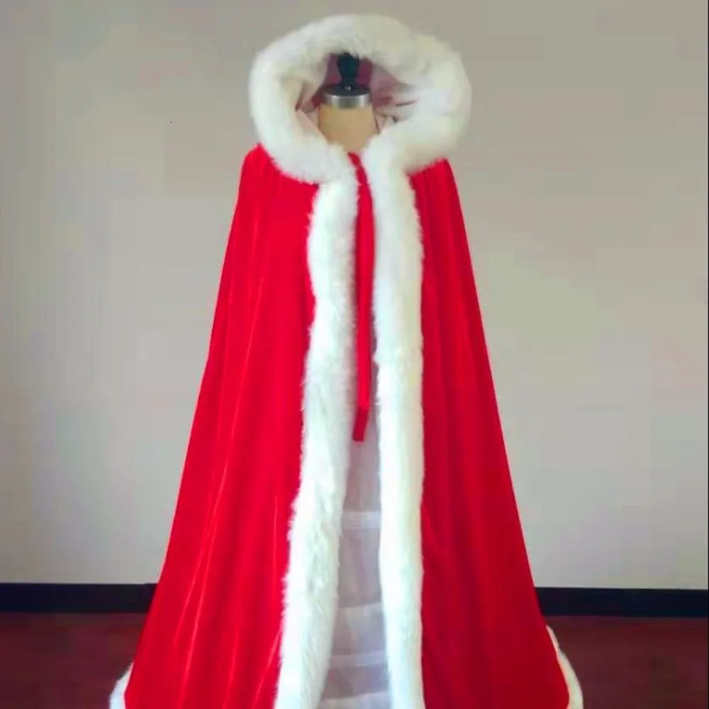 Plus Fleece Wedding Bridal Cape Velvet Warm Long Winter Poncho Womens Fur Trim Wedding Cloak White Red Black Wraps Hood Cape 251029