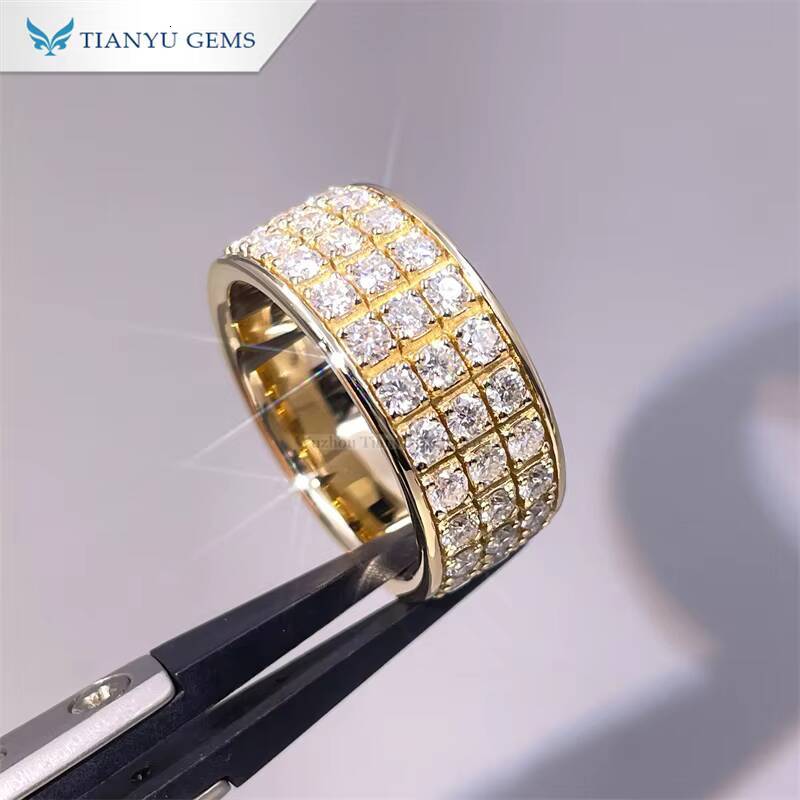 Tianyu Gems 414ctw Moissanite 3 Rows Pave Diamond Men Ring 25mm Round Cut Colorlss White Stone Band 14k 18k Yellow Gold Rings