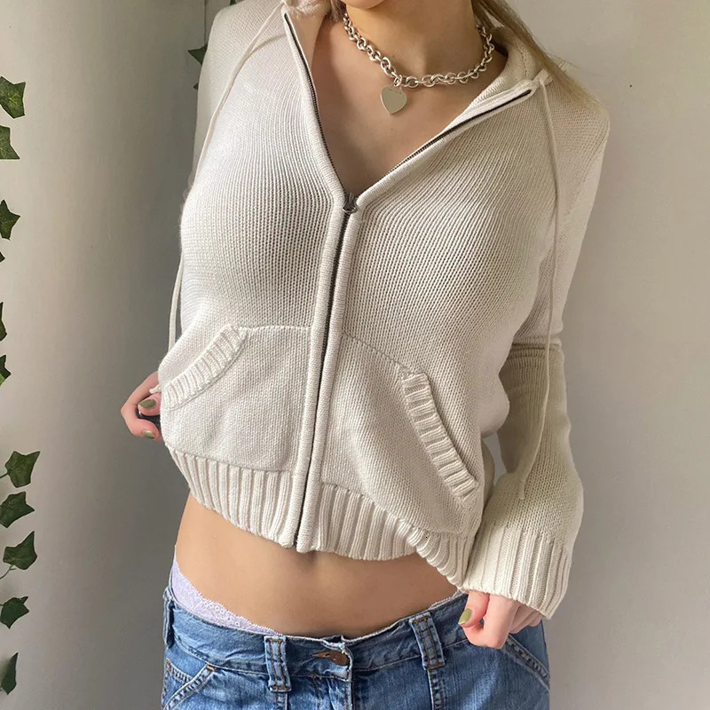 Womens Full Zip Knit Hoodies Casual Sweaters Solid Color Long Sleeve Drawstring Sweatshirts Cardigan Zipup Clothing Y2K 251030
