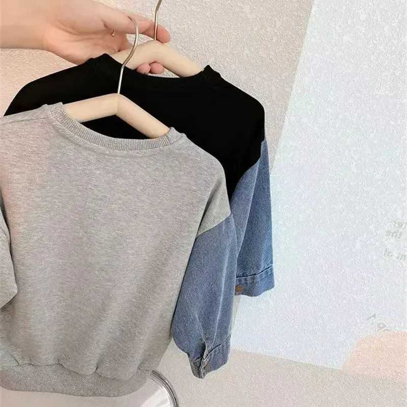 Boys Denim Sweatshirt Kids Stitching Sleeved Loose Sweater Casual Hoodies 2025 Spring Autumn Childrens Street Style ClothingT251030