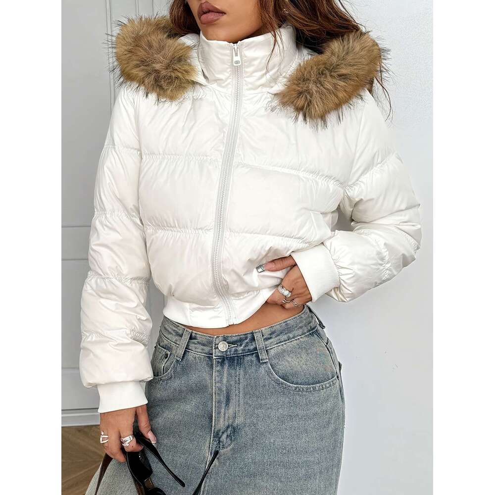 Women S Short Jacket Thickened Warm Hooded Zipper Pocket Design With Ribbed Cuffs And Hem Detail Removable Faux Fur Collar For Autumn Winter New Arriv