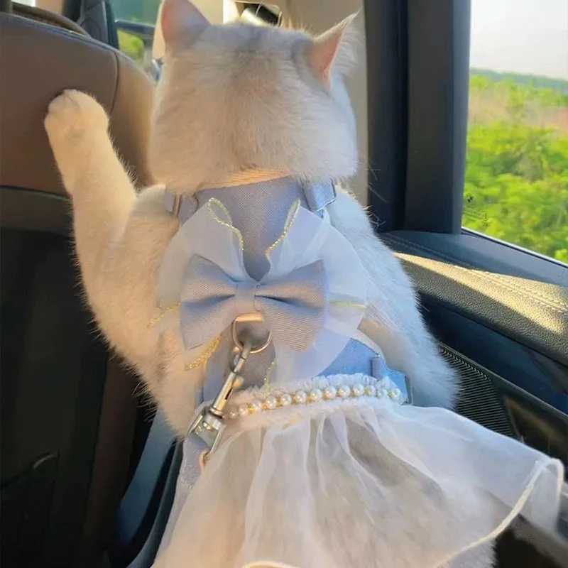 Cute Bowknot Pet Harness Leash Princess Cat Dress Costumes Nylon Kittten Dress Puppy Harness For Rabbit Teddy Cats Clothes J251129