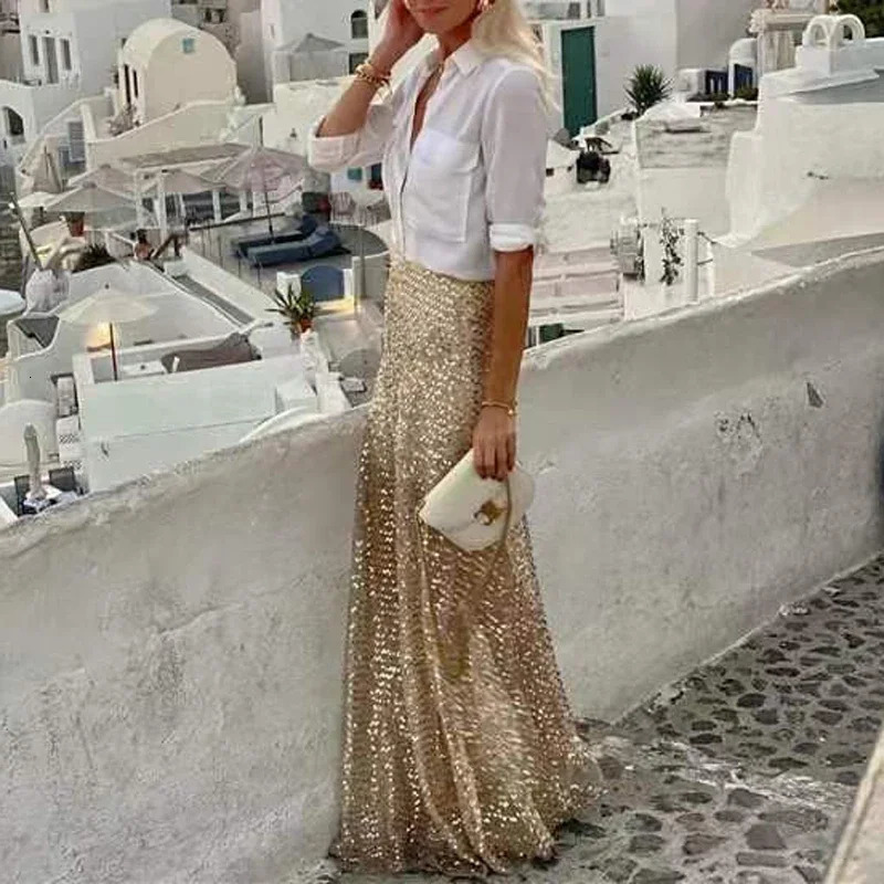 Women Fashion Shiny Sequin Long Skirts Elegant High Waist Pleated Solid Color Party Skirt Spring Autumn Casual Slim Beach Skirts 251028