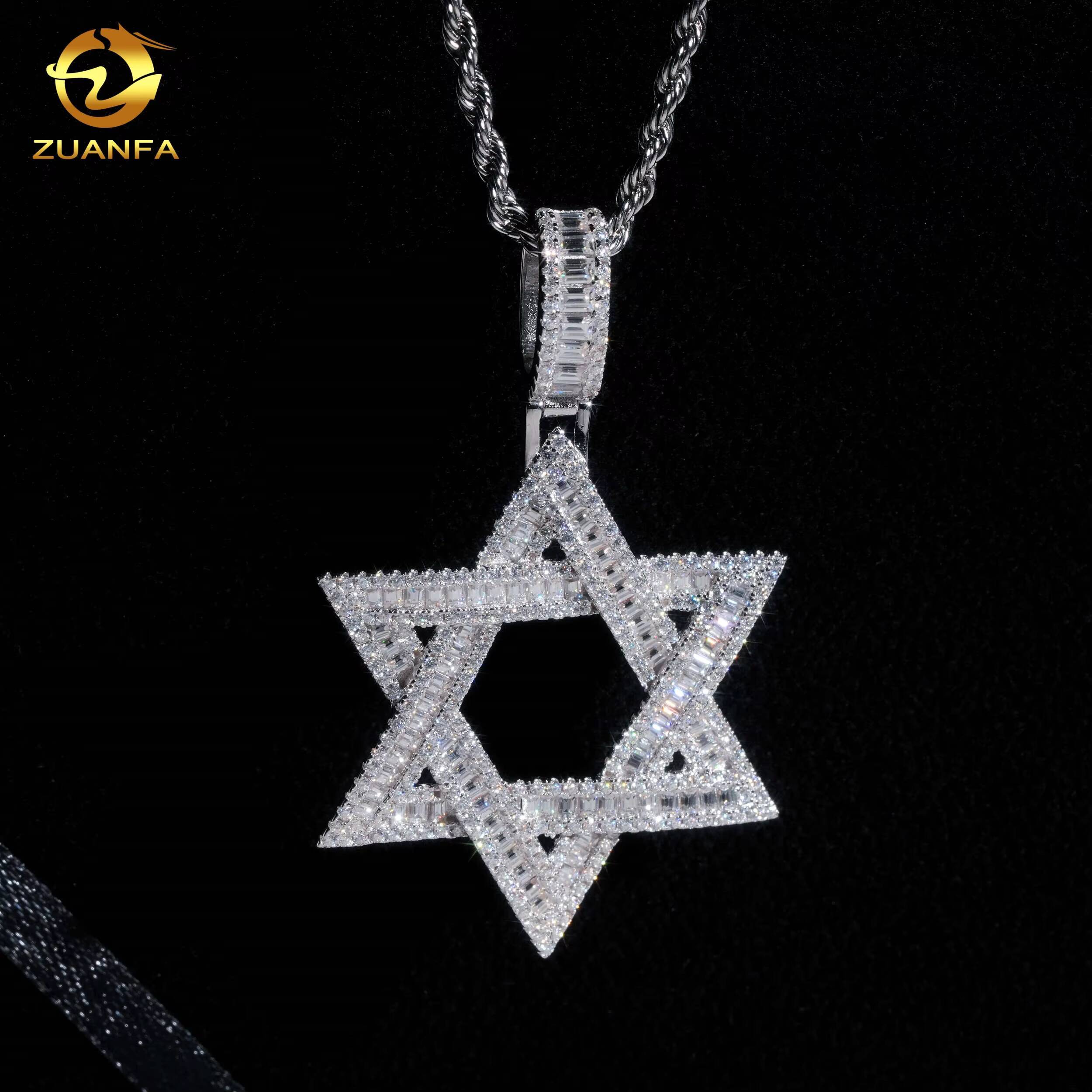 Hip Hop Moissanite Jewelry David of Iced Out Baguette Star Shape Pendant 925 Silver VVS D Moissanite Diamond Fine Charm Pendant