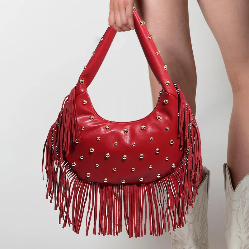Boho Style Fringe Rivet Crossbody Bag Vintage Suede Shoulder Bag Lady Large Capacity Casual Fringe Postman Shoulder Dumpling Bag251029