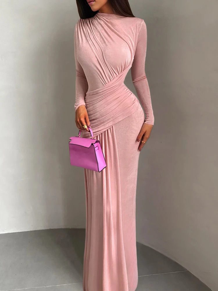 Nibber Folds Maxi Dress Women oNeck Full Sleeve Solid Banquet Elegant Vacation Fashion Autumn Skinny Casual Simple Vestidos 251027