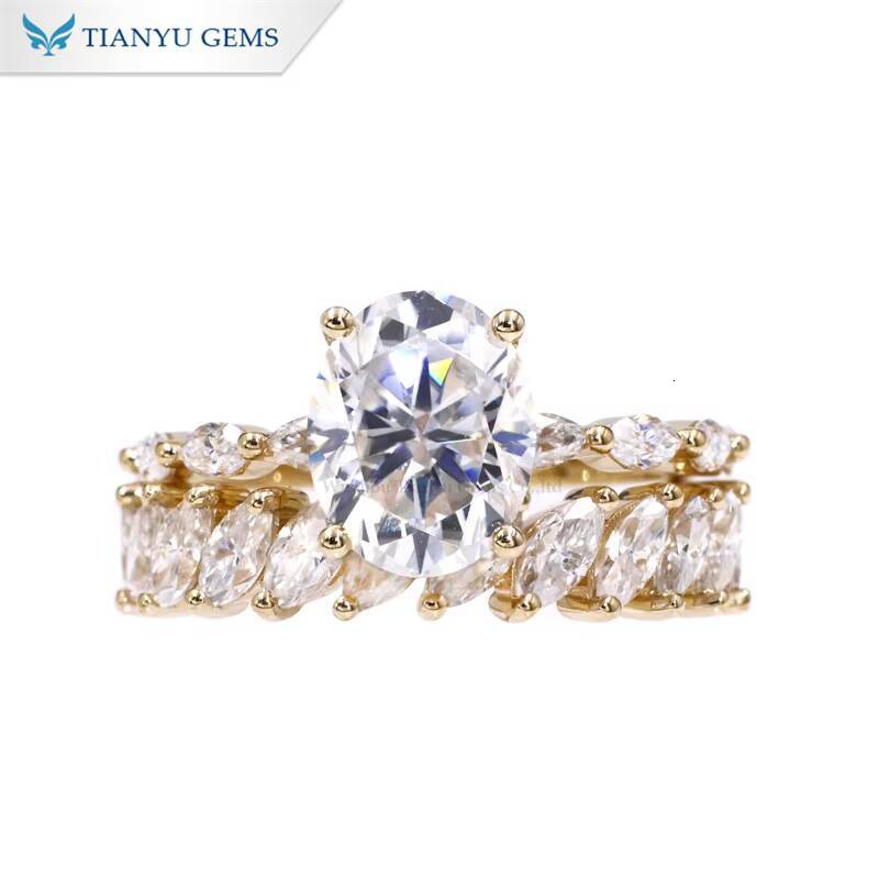 Tianyu Gems Customization 10k Yellow Gold 810mm 3carat D VVS1 Oval Hearts and Arrows Cut Moissanite Jewelry Ring Set for Women