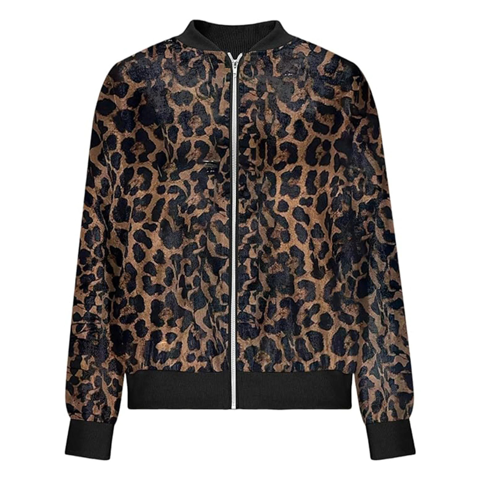 Women Plus Size Bomber Jackets Leopard Printed Long Sleeve Zip Up Mock Neck Baseball Coats Trend Streetwear Casual Outwear 251029