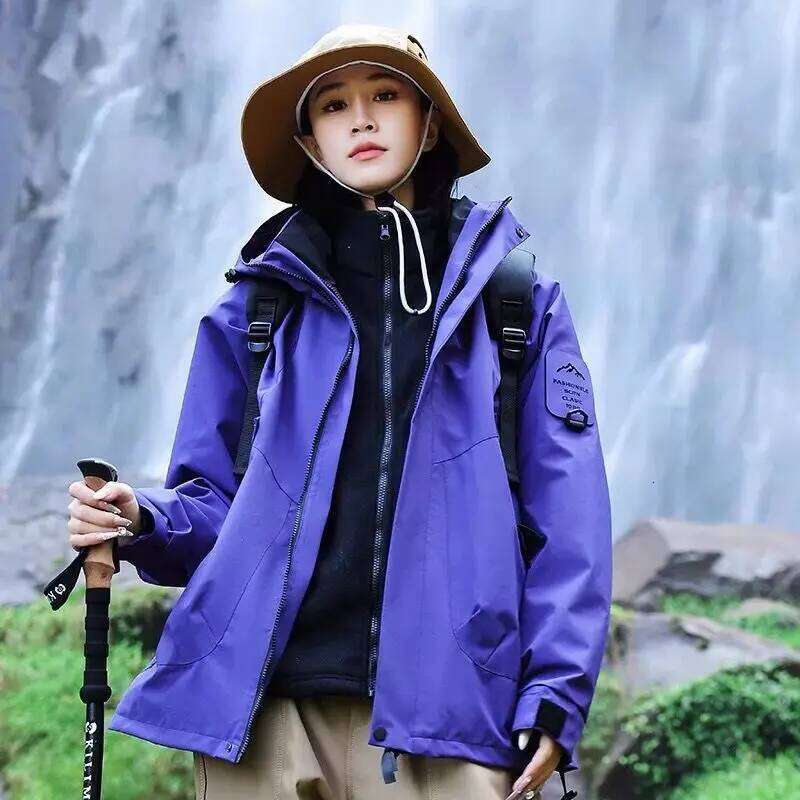 Autumn New Outdoor Hooded Climbing Jacket Women Waterproof Windproof Single Burst Hiking Camping Jackets For Couples Sportswear