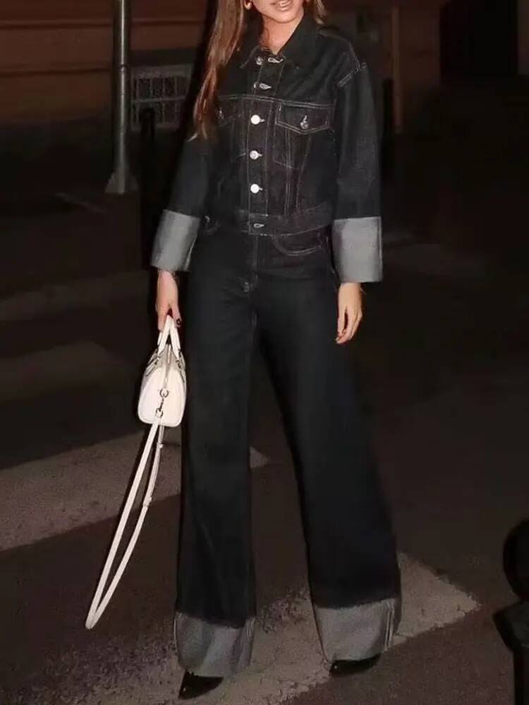 winter jacket women HH Autumn Female Vintage Denim Suit Long Sleeve Single Breasted Lapel Coat+High Waist Wide Leg Jeans Street Fashion Set