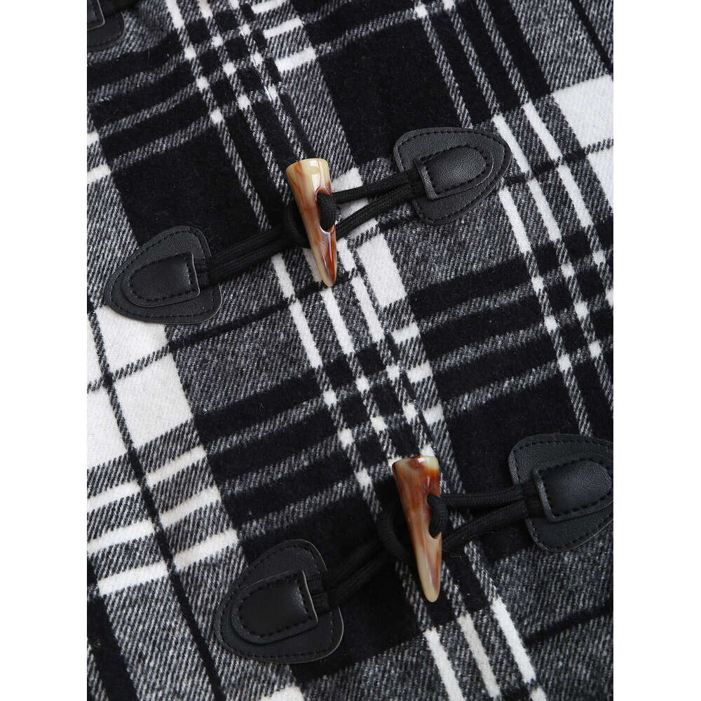 Women S Tartan With Hood Collar Bury Black White Plaid Jacket Golden Tone Buckles Like Trim Fau Hine Washable Elegant Scottish Inspired Outerwear For 