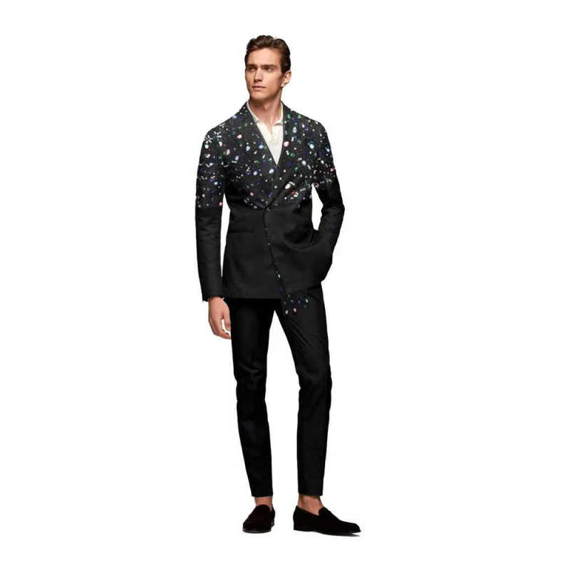 Luxury Men's Suit 2 Pieces Blazer Pants Double-Breasted Peak Lapel Shiny Crystal Diamonds Causal Party Prom Customized