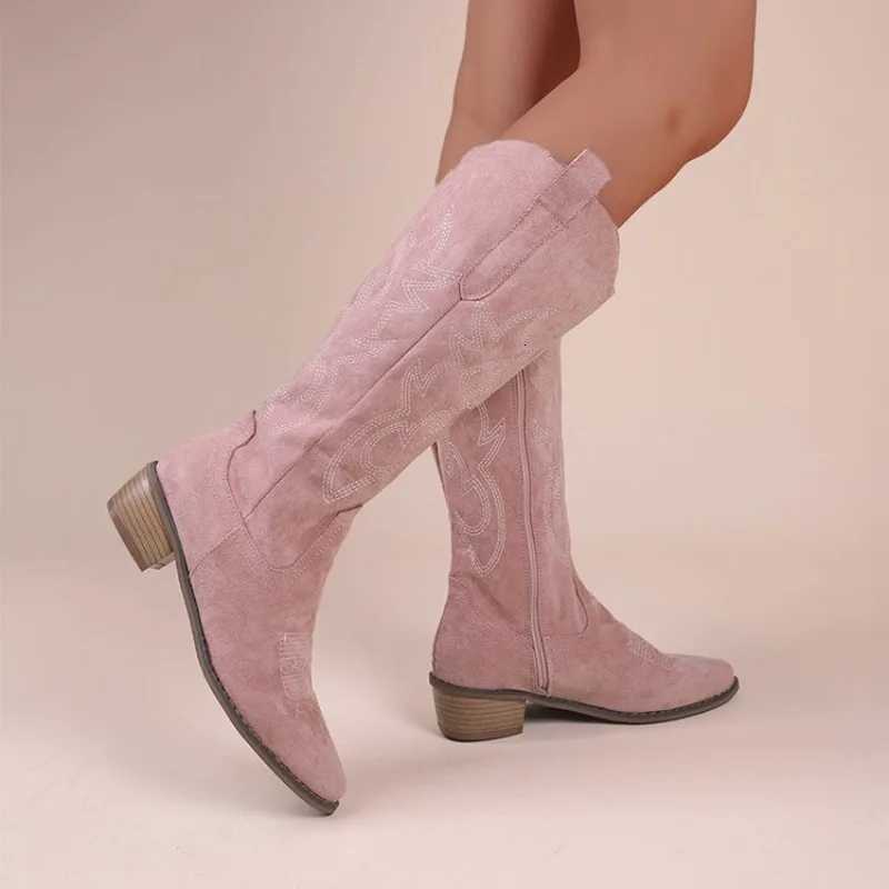Embroidered Western Cowboy Boots for Women Autumn Pointed Toe Thick Heel High Knee Boots Woman Loose PU Leather Long Botas Mujer Z251029