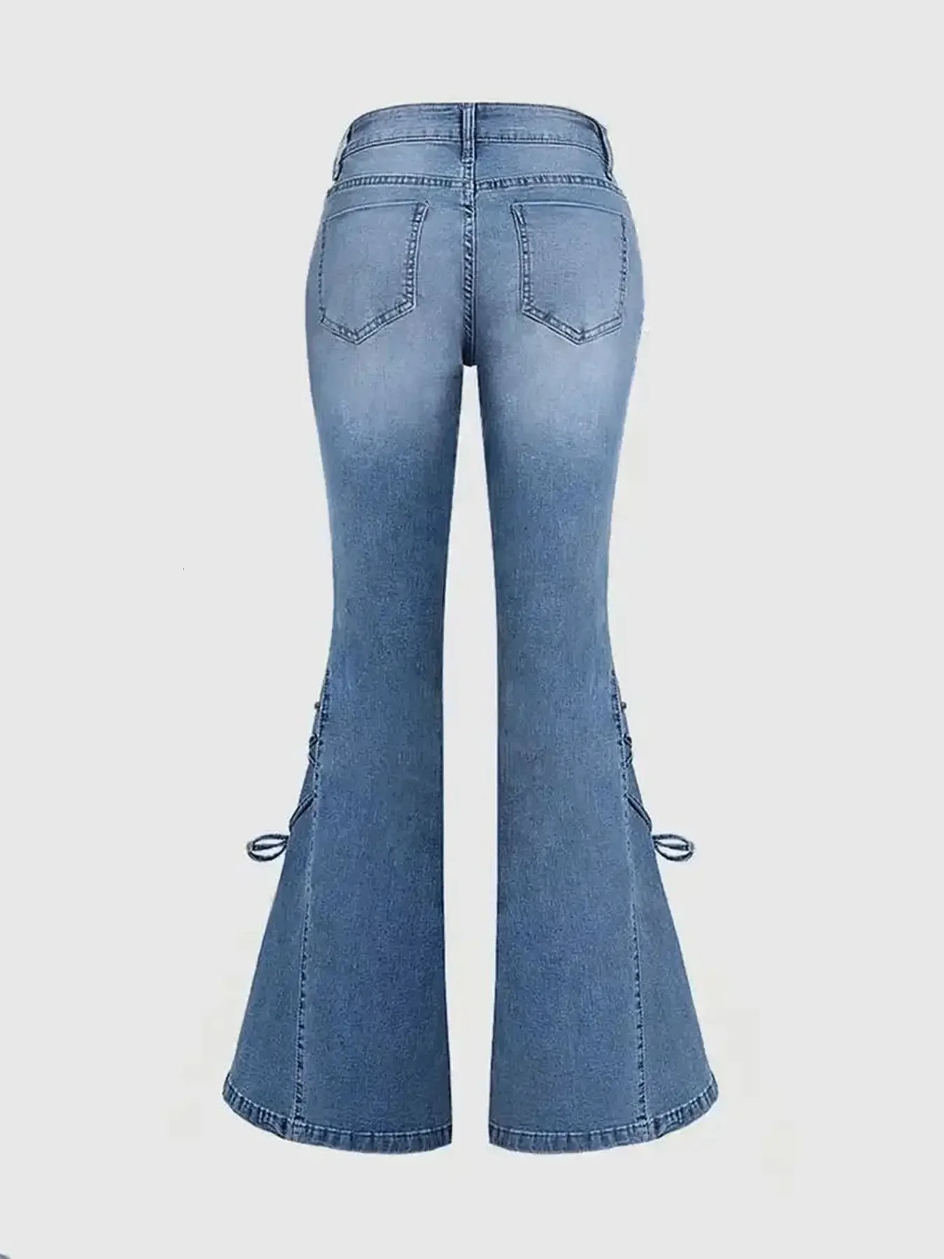 Y2k Jeans For Woman Medium Rise Elastic Bodycon Tied Bow Flare Pants Vintage Style Stretchy Denim Trousers 251029