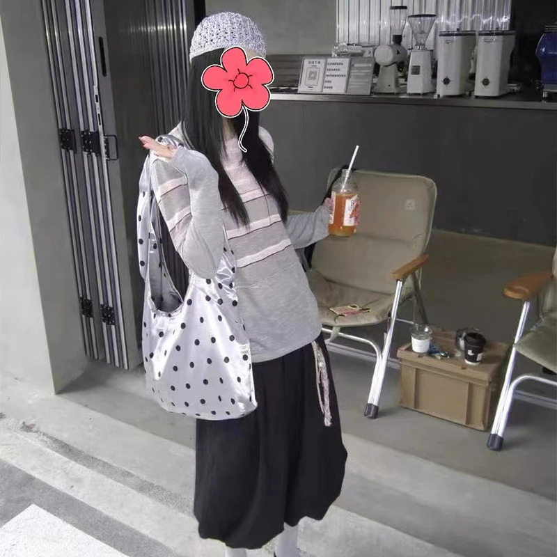 Y2k Satin Polka Dot Shoulder BagCasual Chic HandbagWomen Large Capacity Tote BagKorean Style Everyday Purse 251029