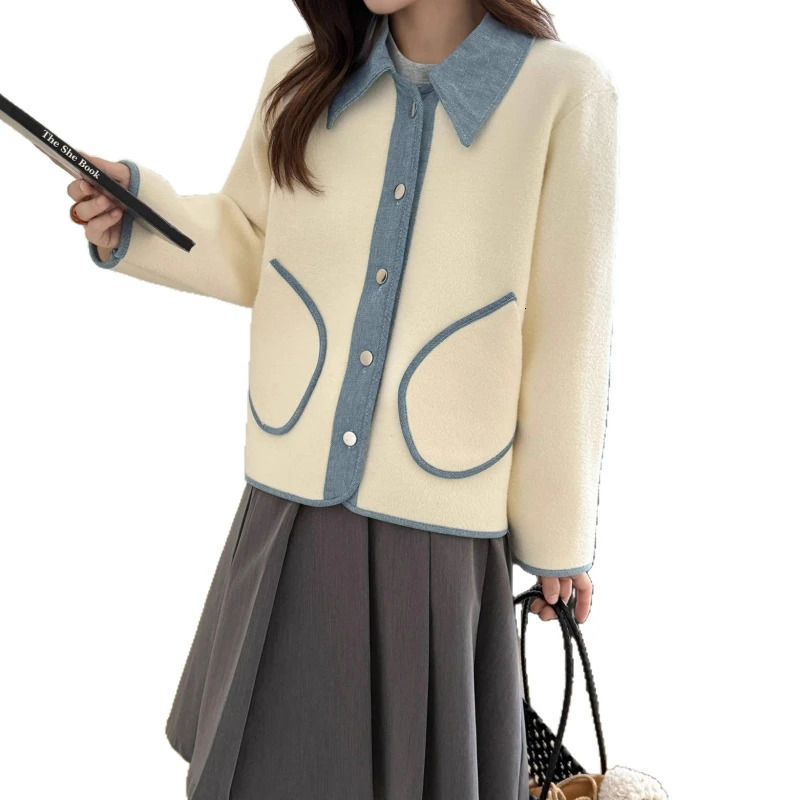 Women Cardigan Coats Denim Splice Jackets Sweaters Turn Down Collar Casual Loose Y2k Streetwear Elegant Knit Autumn Winter 251029