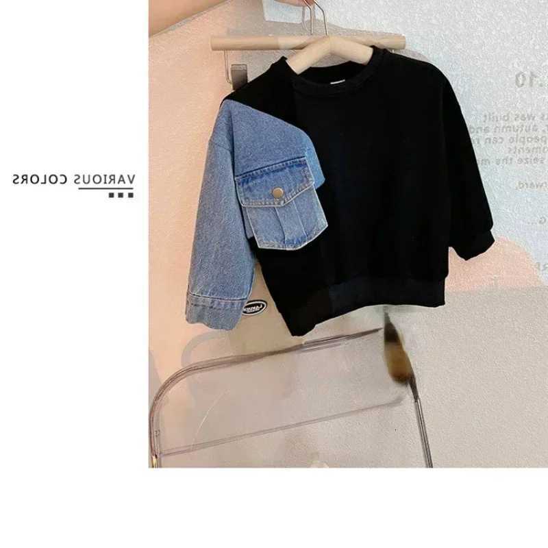 Boys Denim Sweatshirt Kids Stitching Sleeved Loose Sweater 2025 Spring Autumn Childrens Street Style Casual Hoodies ClothesT251030