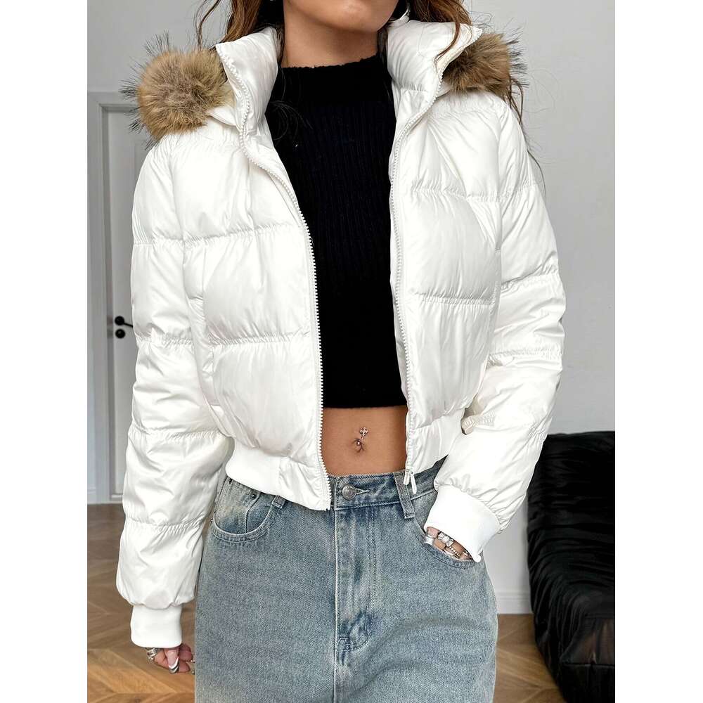 Women S Short Jacket Thickened Warm Hooded Zipper Pocket Design With Ribbed Cuffs And Hem Detail Removable Faux Fur Collar For Autumn Winter New Arriv