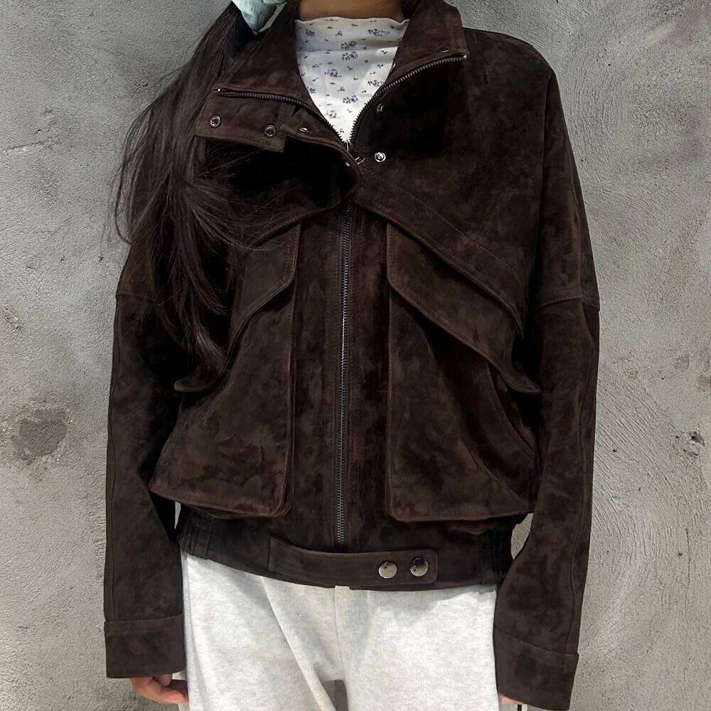 Chocolate Suede Women Real Sheepskin Leather Coat 2025 Spring New Style Jacket