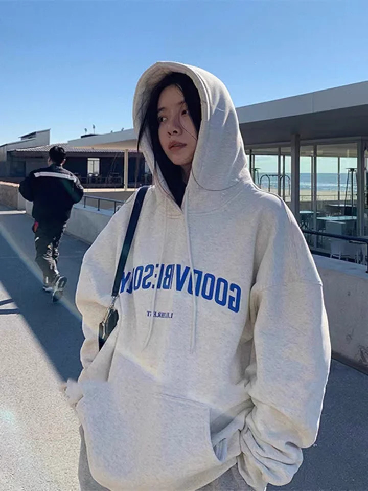Korean Fashion Loose Sweater Women Autumn Winter 2025 Long Sleeve Hooded Shirt Letter Print Pullover Tops Casual Sweatshirts 251030
