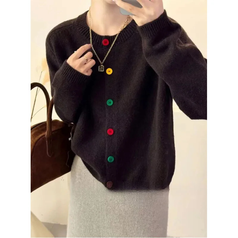 Japanese Sweet and Fresh Round Neck Colorful Button Knitwear Coat Academy Style Western Versatile Sweater Womens Cardigans 251028