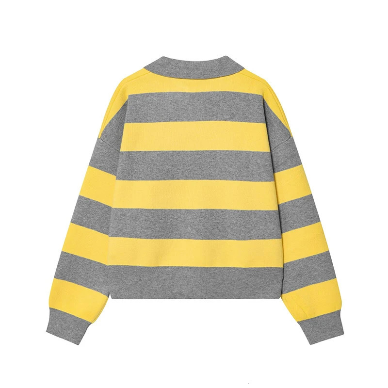 YENKYE 2025 Women Striped Knit Polo Neck Sweater Long Sleeve Casual Loose Autumn Pullover Tops 251016