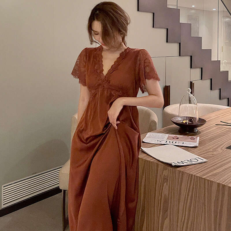 Fairy Long Dress Women Lace Sexy with Chest Pad Ice Silk Nightdress Ladies Suitable for Going Out and Home Wear