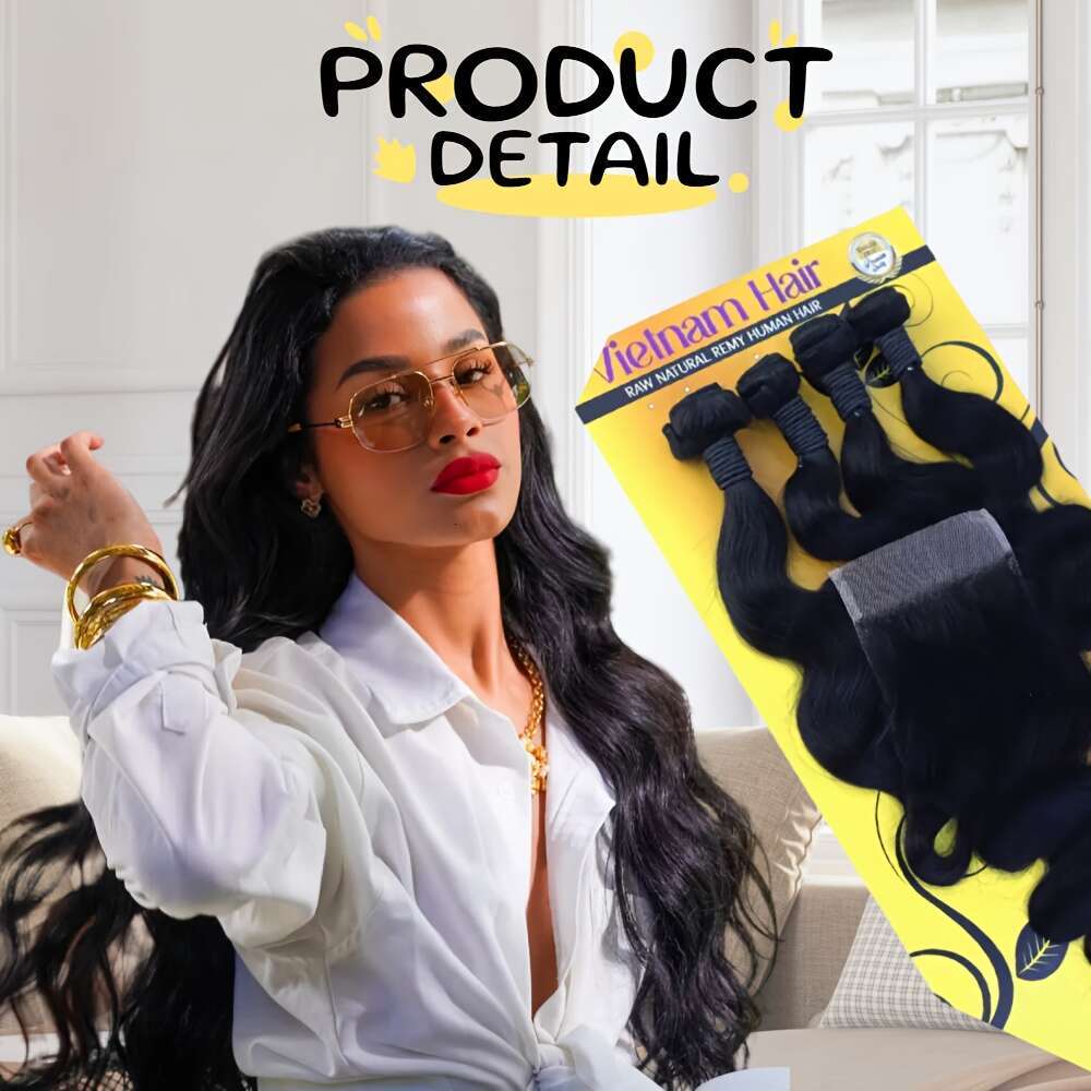 Body 4 Bundles With 4X4 Lace Clouse Hair Women, 1 Set Of Natural Black Big Wave Virgin Human Easy To Wear Women Daily Styling, Christmas Hairstyles,