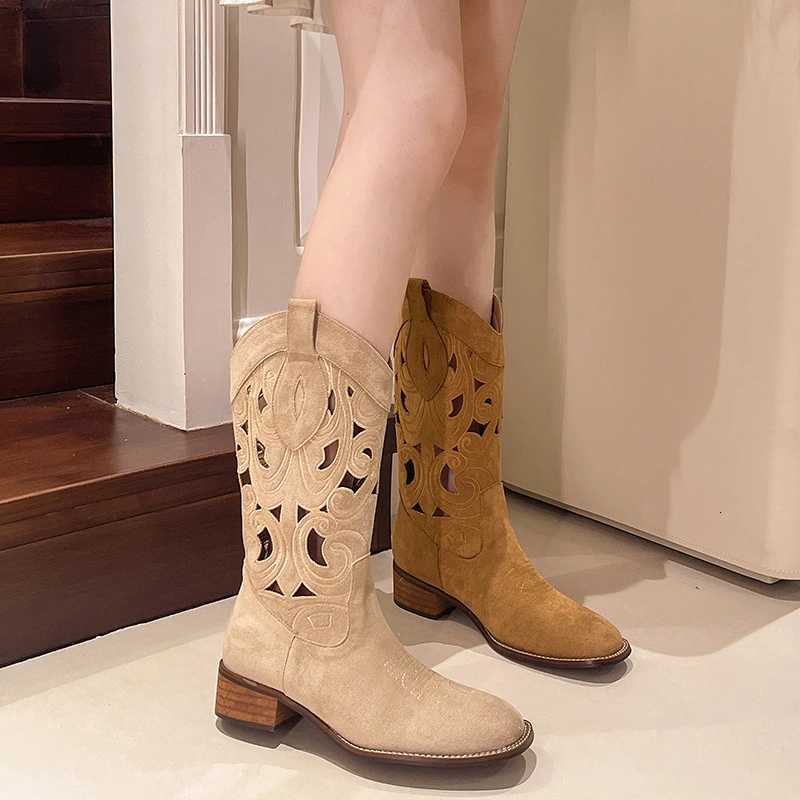 new Hollow Embroidered Vintage Western Boots Women Autumn Chunky Heels Knee High Cowboy Boots Woman Pu Leather Knight Booties Z251029
