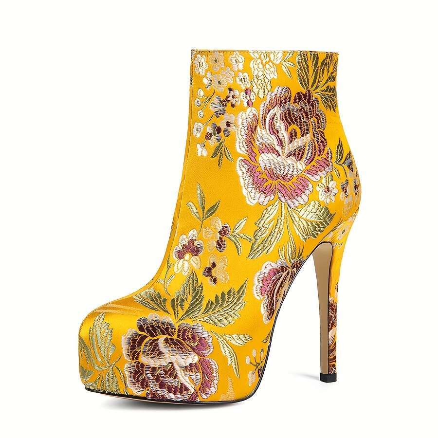 Women's Floral Embroidered Ankle Boots, Round Toe Stiletto Heels, Zipper Closure, Fabric Upper & Lining, Rubber Sole, Microfiber Insole, Fashiona