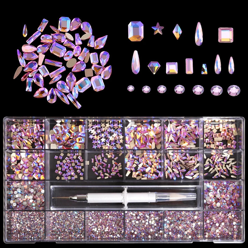 3100PCS White Pink AB Nail Art Rhinestones Crystals Set Kit Gems 3D Diamond Decoration Manicure 21 Shape 1PCS Pick Up Pen 251027
