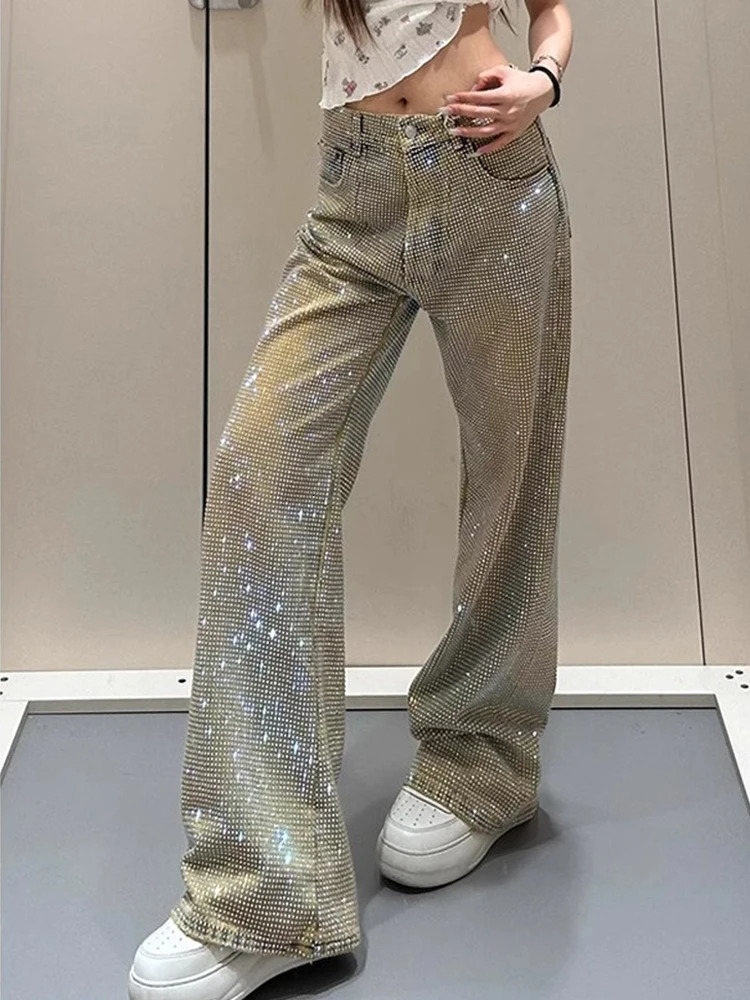 Y2K Women Diamond Jeans Spicy n Summer Spring Style Personality Star Print Niche Straight Leg Long Pants 251029